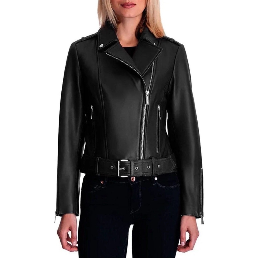 Michael Kors Belted Leather Biker Jacket - XS